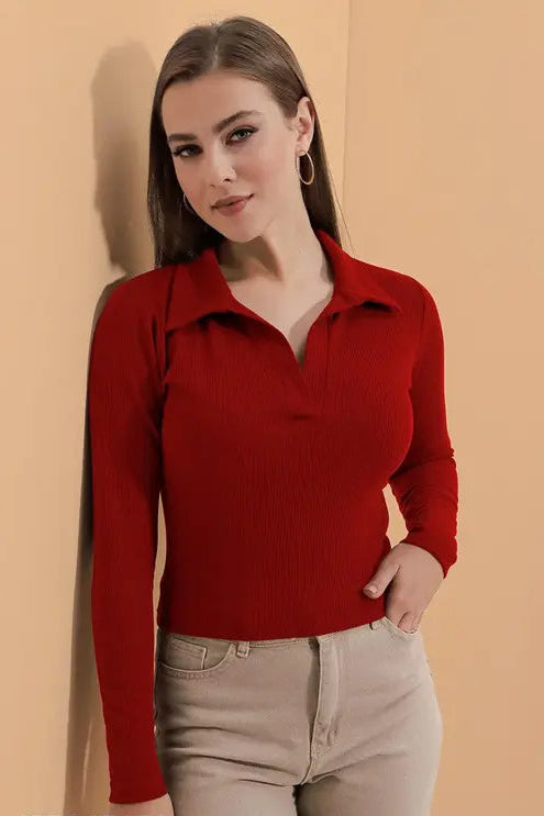 Casual Polyester Blend Ribbed Collar V-Neck & Regular Long Sleeves Stylish Top (20"Inches)