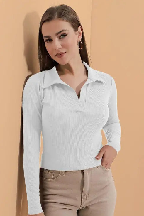 Casual Polyester Blend Ribbed Collar V-Neck & Regular Long Sleeves Stylish Top (20"Inches)