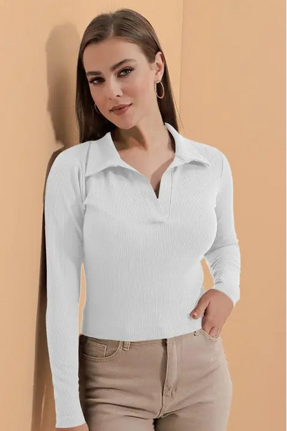 Casual Polyester Blend Ribbed Collar V-Neck & Regular Long Sleeves Stylish Top (20"Inches)