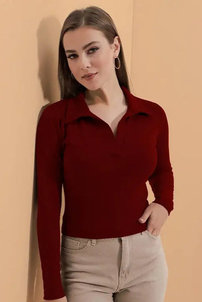 Casual Polyester Blend Ribbed Collar V-Neck & Regular Long Sleeves Stylish Top (20"Inches)