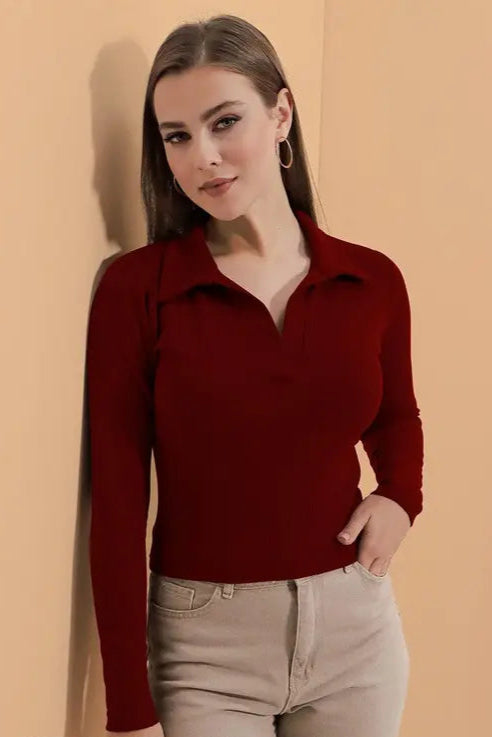 Casual Polyester Blend Ribbed Collar V-Neck & Regular Long Sleeves Stylish Top (20"Inches)