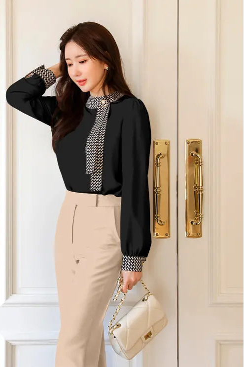 Stylish Women's Long Sleeve Top with Decorative Collar and Cuffs